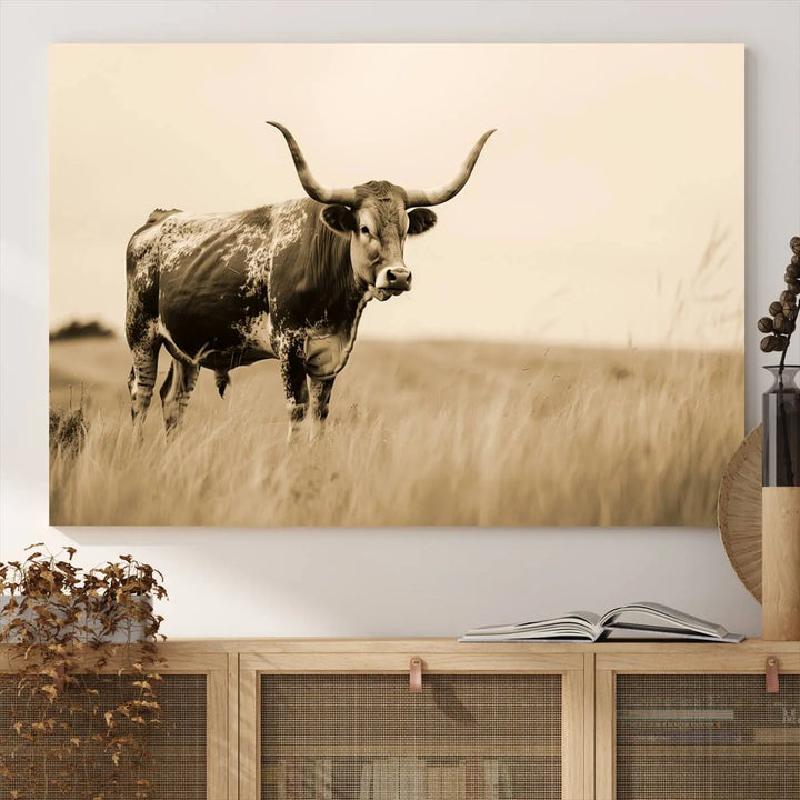 Sepia-toned triptych of an American bison in a field, crafted as a gallery-quality wall art print on canvas.