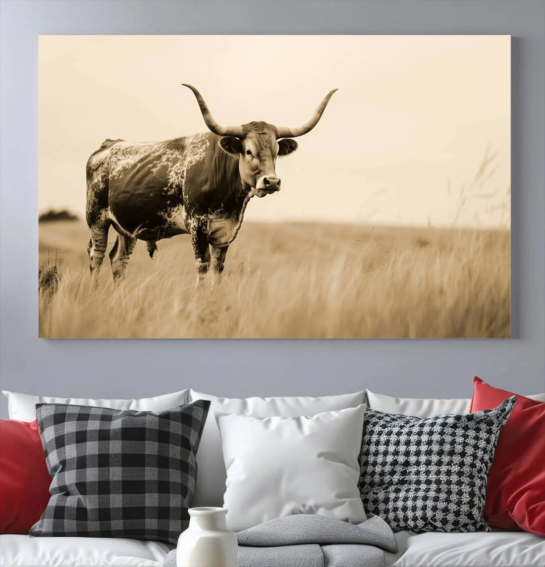 Sepia-toned triptych of an American bison in a field, crafted as a gallery-quality wall art print on canvas.