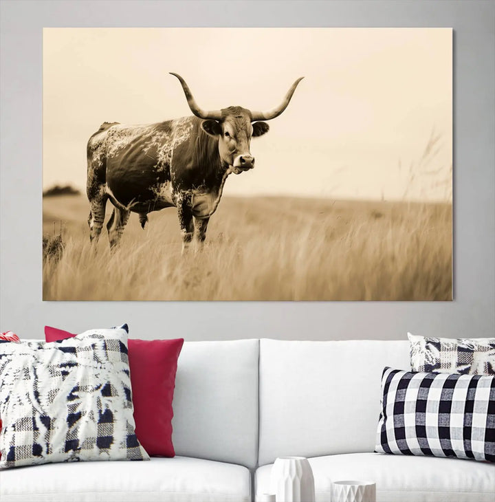 Sepia-toned triptych of an American bison in a field, crafted as a gallery-quality wall art print on canvas.