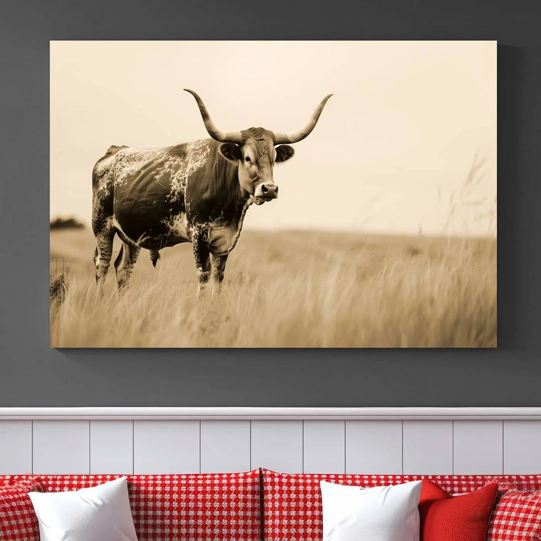 Sepia-toned triptych of an American bison in a field, crafted as a gallery-quality wall art print on canvas.