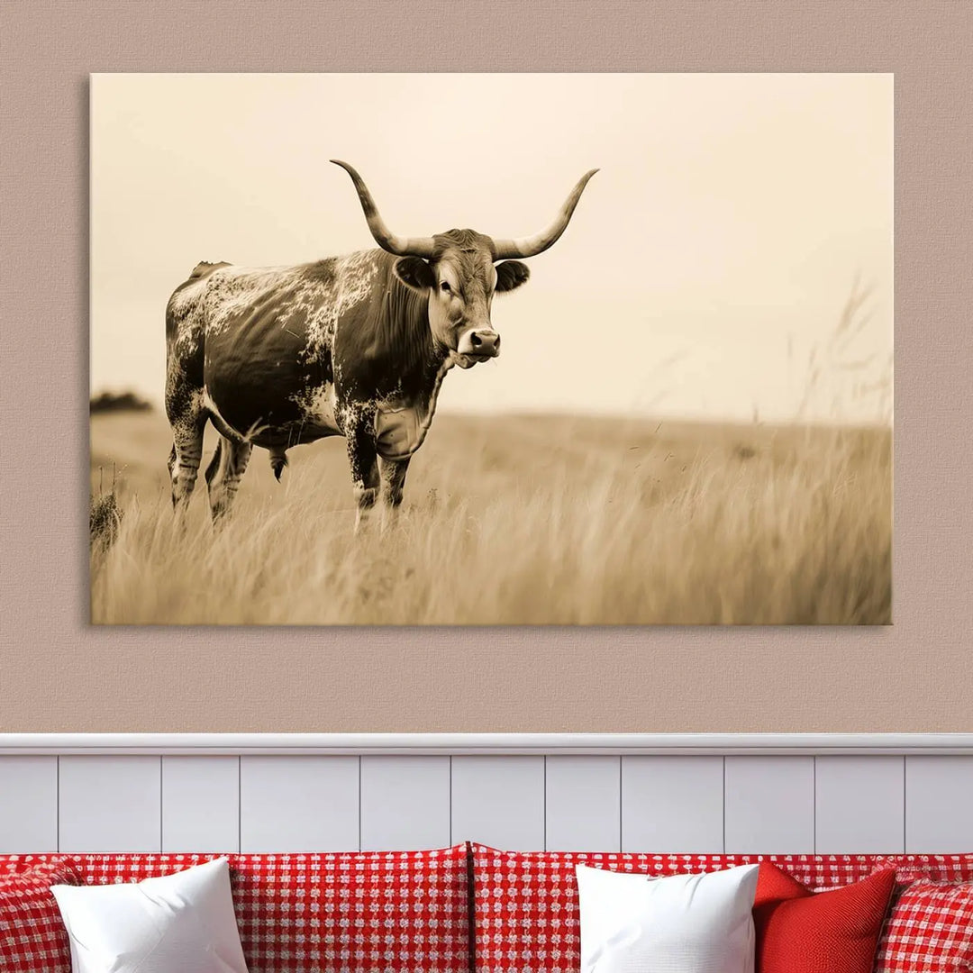 Sepia-toned triptych of an American bison in a field, crafted as a gallery-quality wall art print on canvas.