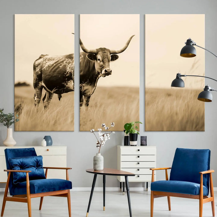 Sepia-toned triptych of an American bison in a field, crafted as a gallery-quality wall art print on canvas.