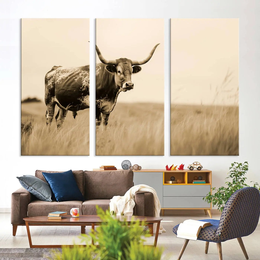 Sepia-toned triptych of an American bison in a field, crafted as a gallery-quality wall art print on canvas.