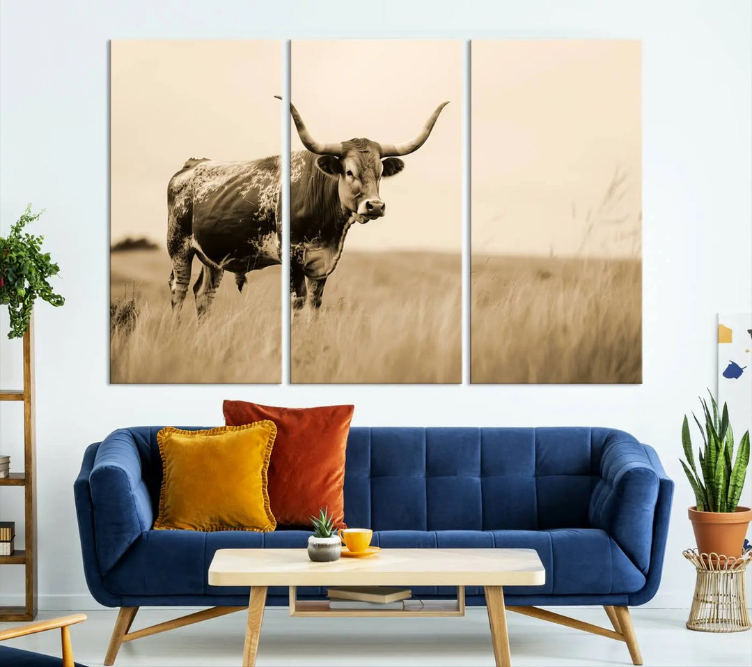 Sepia-toned triptych of an American bison in a field, crafted as a gallery-quality wall art print on canvas.