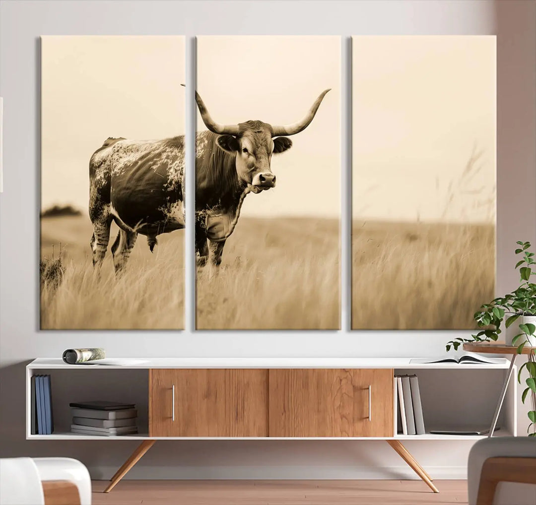 Sepia-toned triptych of an American bison in a field, crafted as a gallery-quality wall art print on canvas.