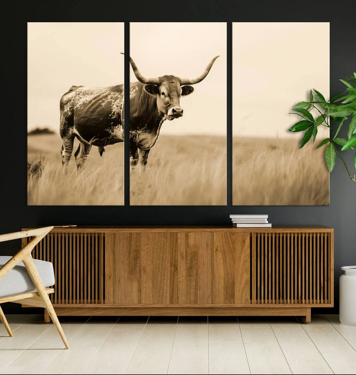 Sepia-toned triptych of an American bison in a field, crafted as a gallery-quality wall art print on canvas.