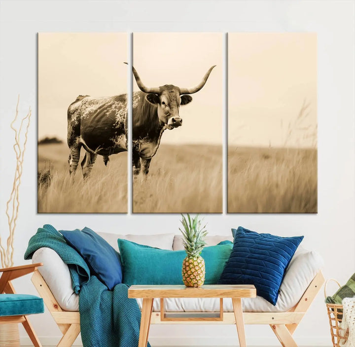 Sepia-toned triptych of an American bison in a field, crafted as a gallery-quality wall art print on canvas.