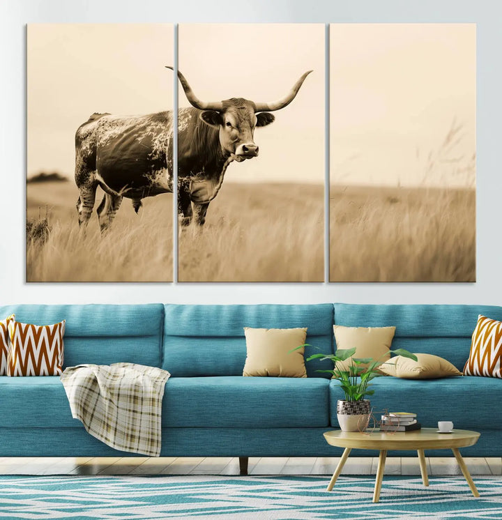 Sepia-toned triptych of an American bison in a field, crafted as a gallery-quality wall art print on canvas.