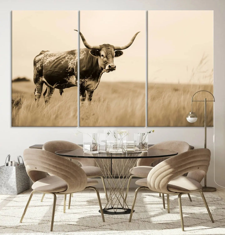 Sepia-toned triptych of an American bison in a field, crafted as a gallery-quality wall art print on canvas.