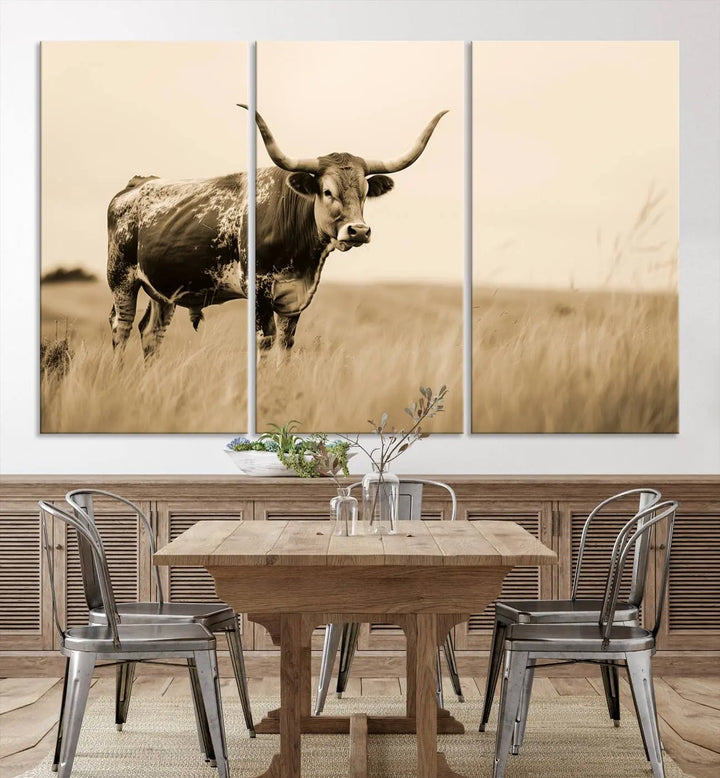 Sepia-toned triptych of an American bison in a field, crafted as a gallery-quality wall art print on canvas.