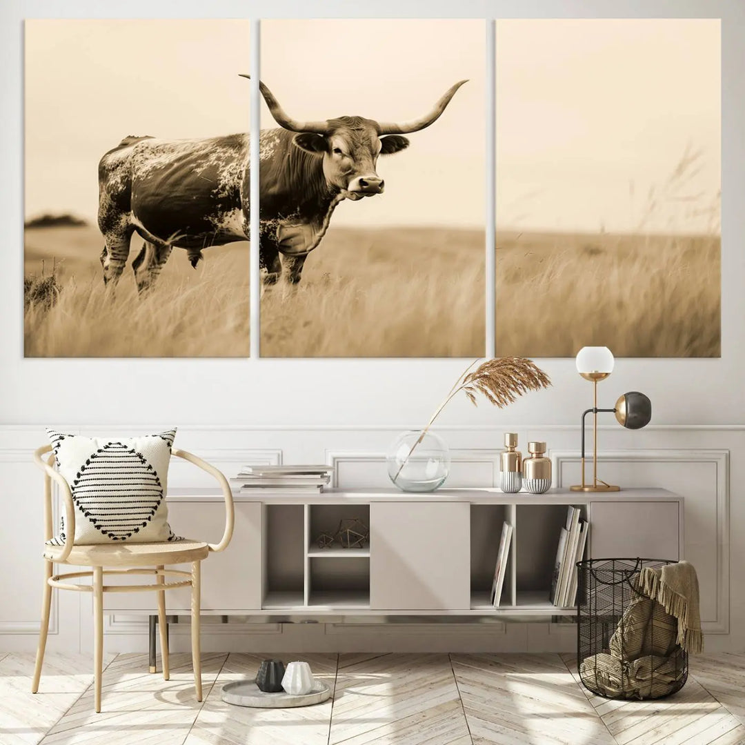 Sepia-toned triptych of an American bison in a field, crafted as a gallery-quality wall art print on canvas.