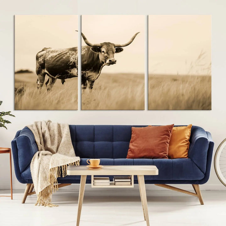 Sepia-toned triptych of an American bison in a field, crafted as a gallery-quality wall art print on canvas.