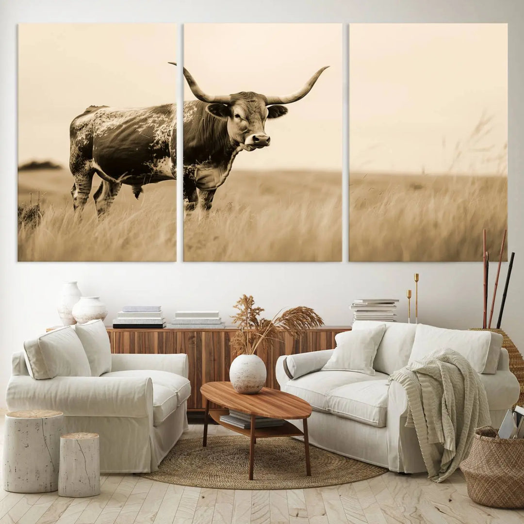 Sepia-toned triptych of an American bison in a field, crafted as a gallery-quality wall art print on canvas.