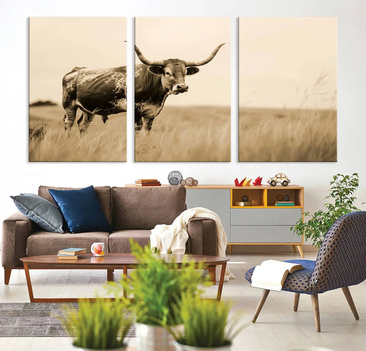 Sepia-toned triptych of an American bison in a field, crafted as a gallery-quality wall art print on canvas.