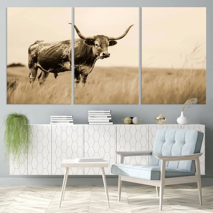 Sepia-toned triptych of an American bison in a field, crafted as a gallery-quality wall art print on canvas.