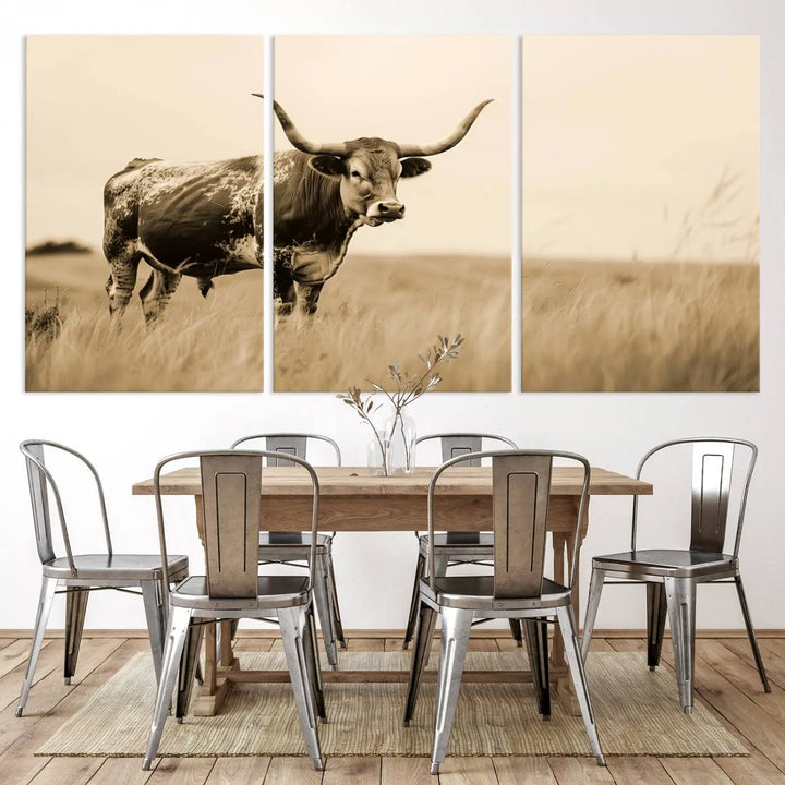 Sepia-toned triptych of an American bison in a field, crafted as a gallery-quality wall art print on canvas.