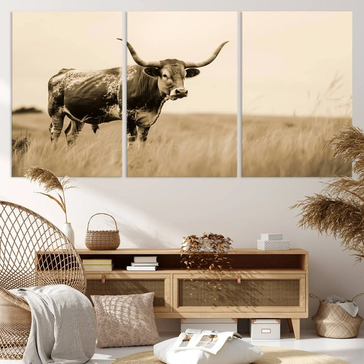 Sepia-toned triptych of an American bison in a field, crafted as a gallery-quality wall art print on canvas.