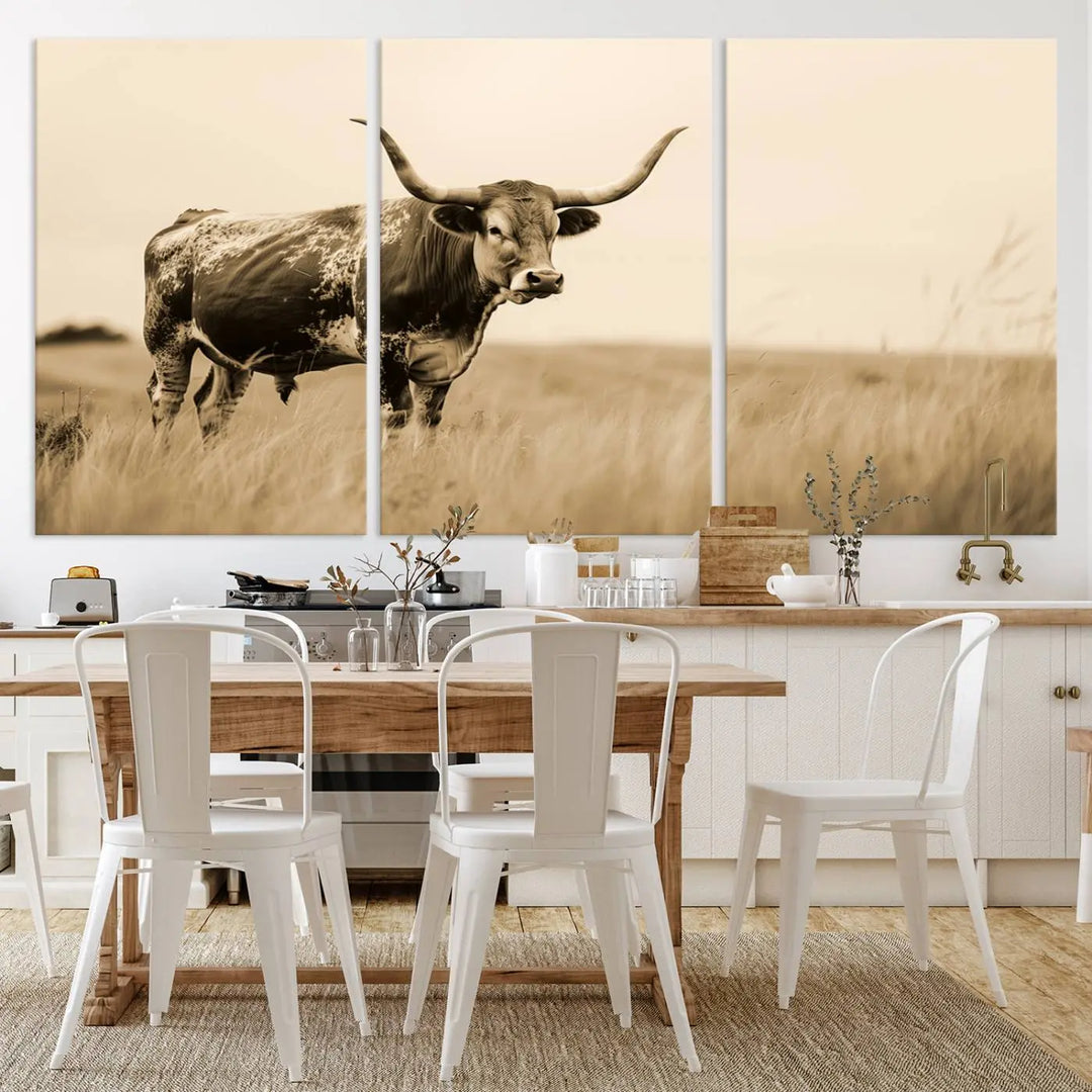 Sepia-toned triptych of an American bison in a field, crafted as a gallery-quality wall art print on canvas.