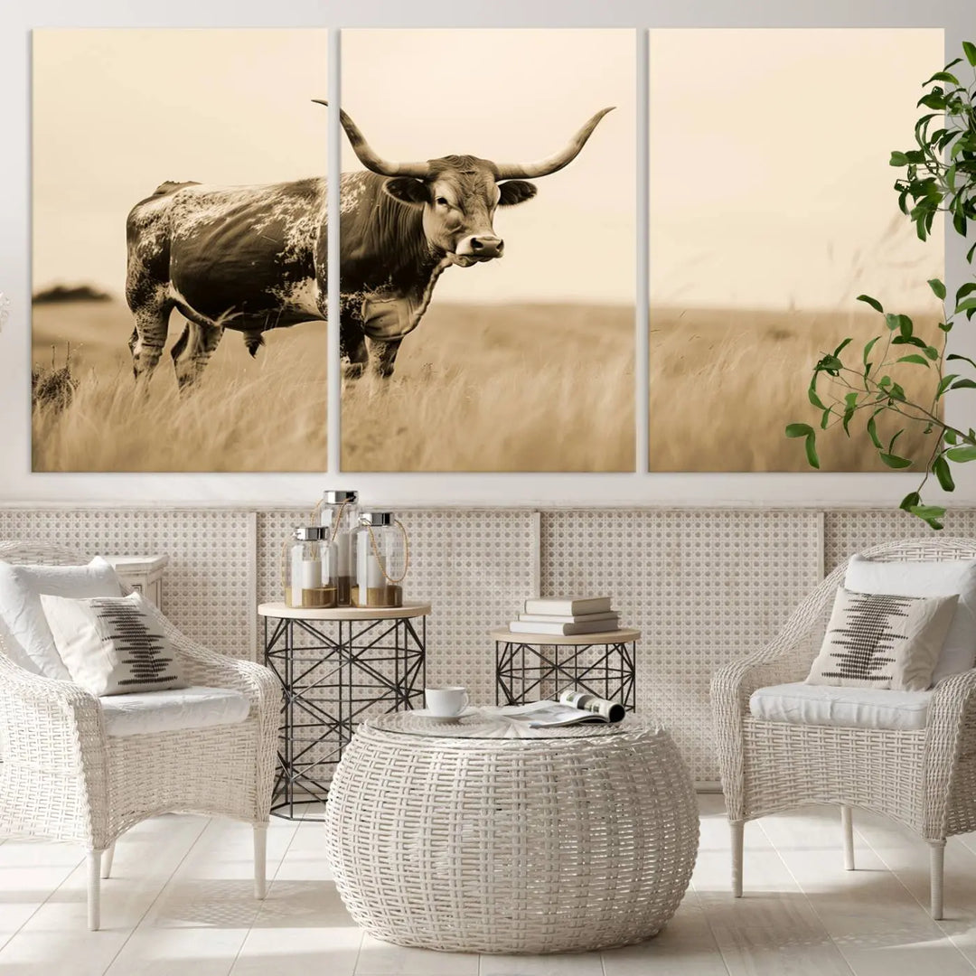 Sepia-toned triptych of an American bison in a field, crafted as a gallery-quality wall art print on canvas.