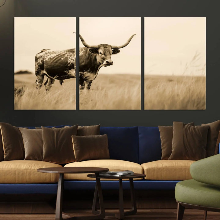 Sepia-toned triptych of an American bison in a field, crafted as a gallery-quality wall art print on canvas.