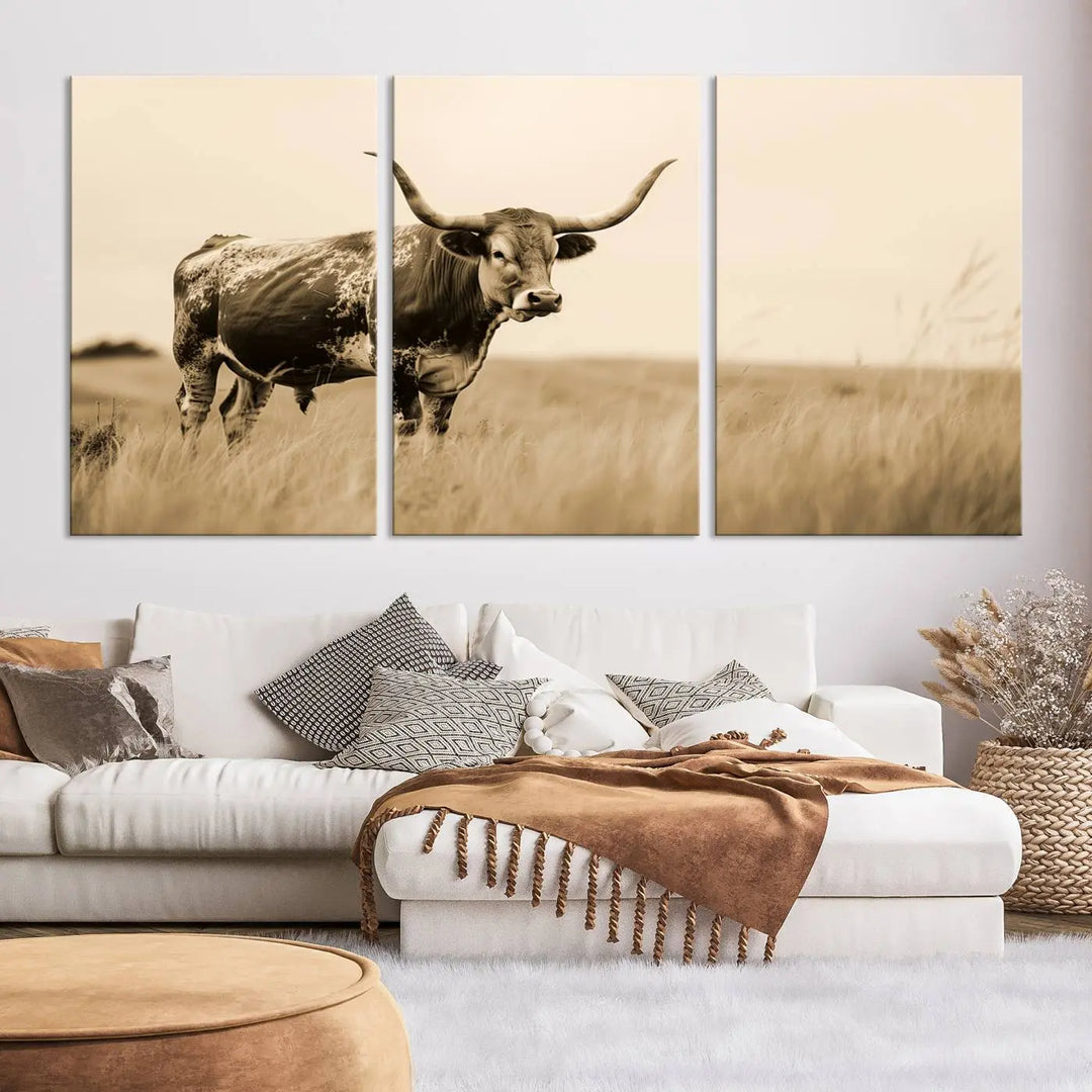 Sepia-toned triptych of an American bison in a field, crafted as a gallery-quality wall art print on canvas.