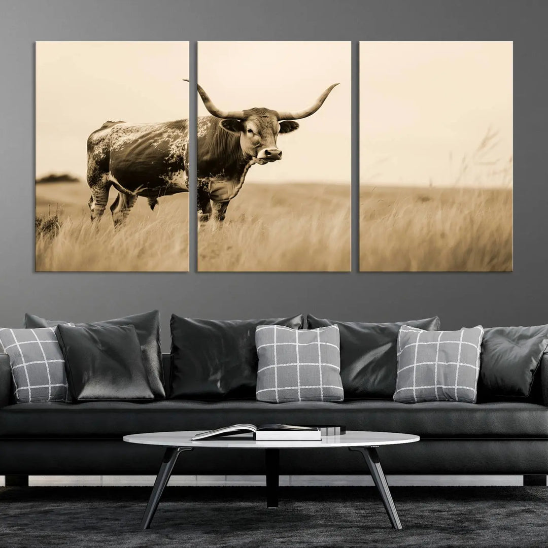 Sepia-toned triptych of an American bison in a field, crafted as a gallery-quality wall art print on canvas.