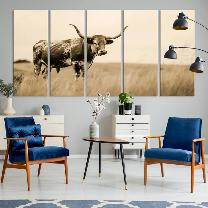 Sepia-toned triptych of an American bison in a field, crafted as a gallery-quality wall art print on canvas.