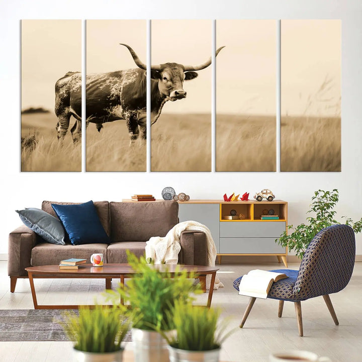 Sepia-toned triptych of an American bison in a field, crafted as a gallery-quality wall art print on canvas.