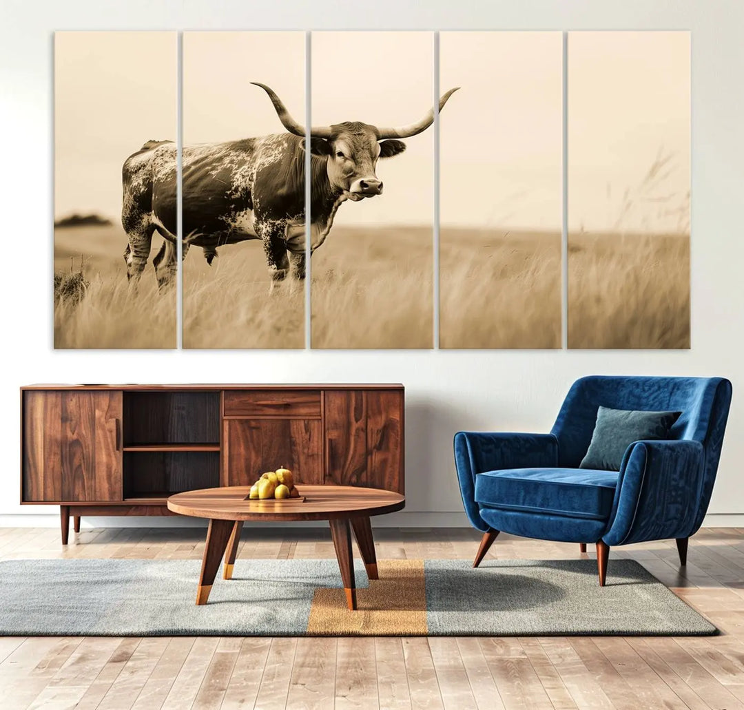 Sepia-toned triptych of an American bison in a field, crafted as a gallery-quality wall art print on canvas.