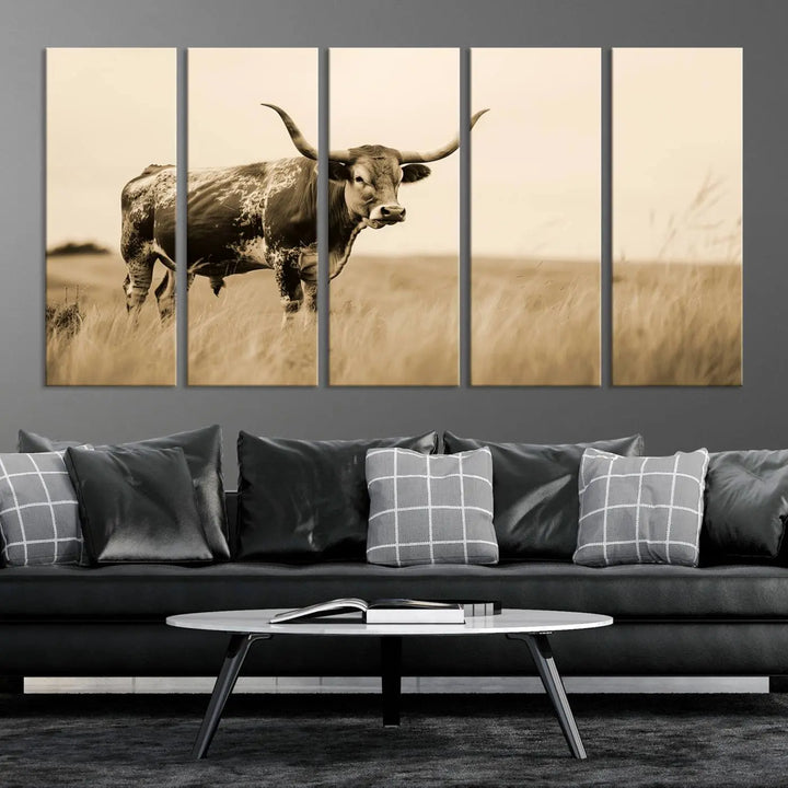 Sepia-toned triptych of an American bison in a field, crafted as a gallery-quality wall art print on canvas.