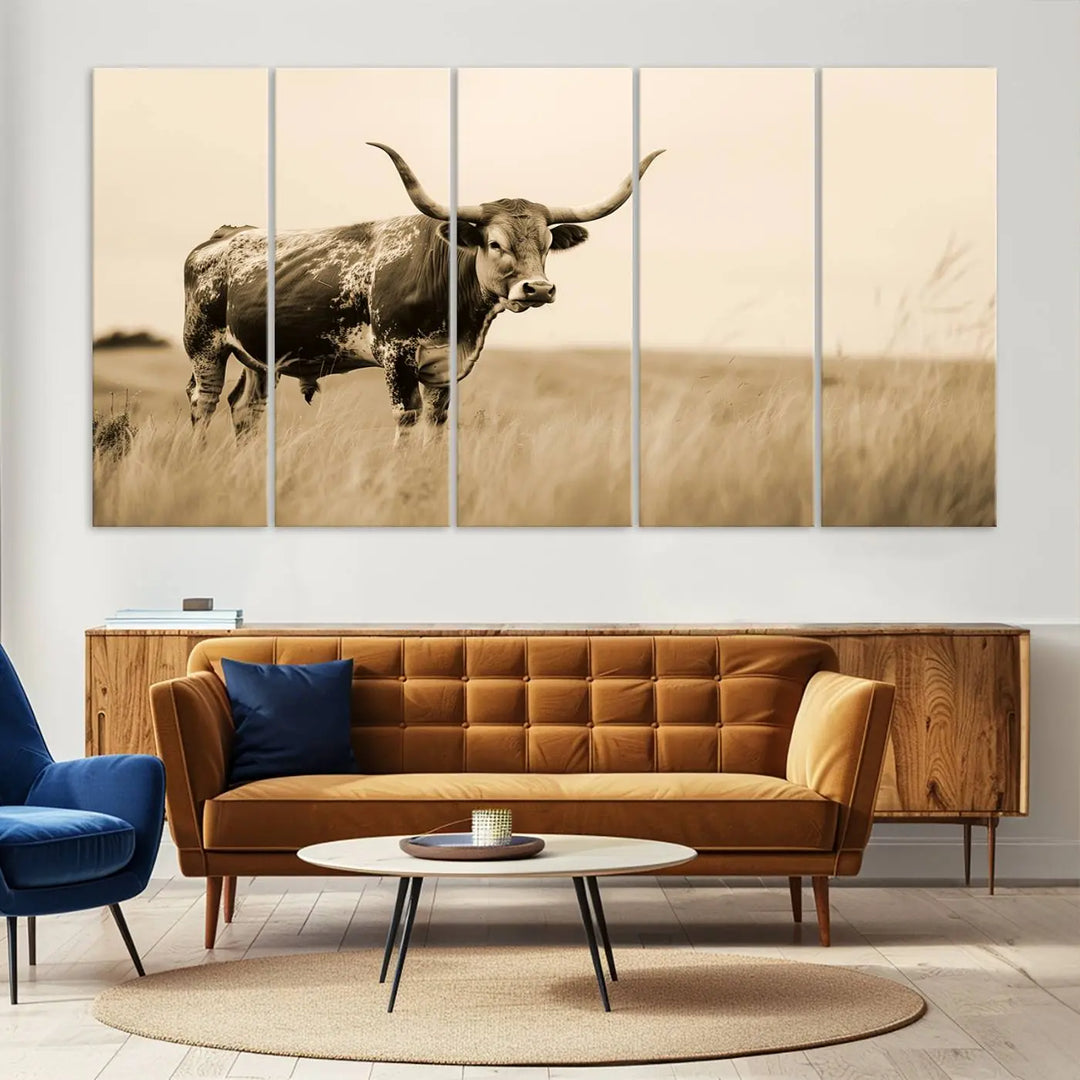 Sepia-toned triptych of an American bison in a field, crafted as a gallery-quality wall art print on canvas.