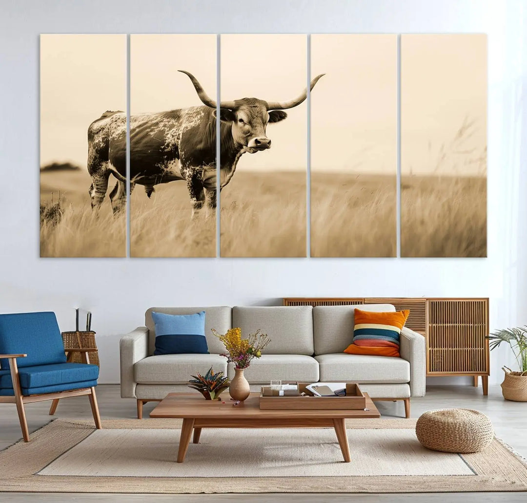 Sepia-toned triptych of an American bison in a field, crafted as a gallery-quality wall art print on canvas.