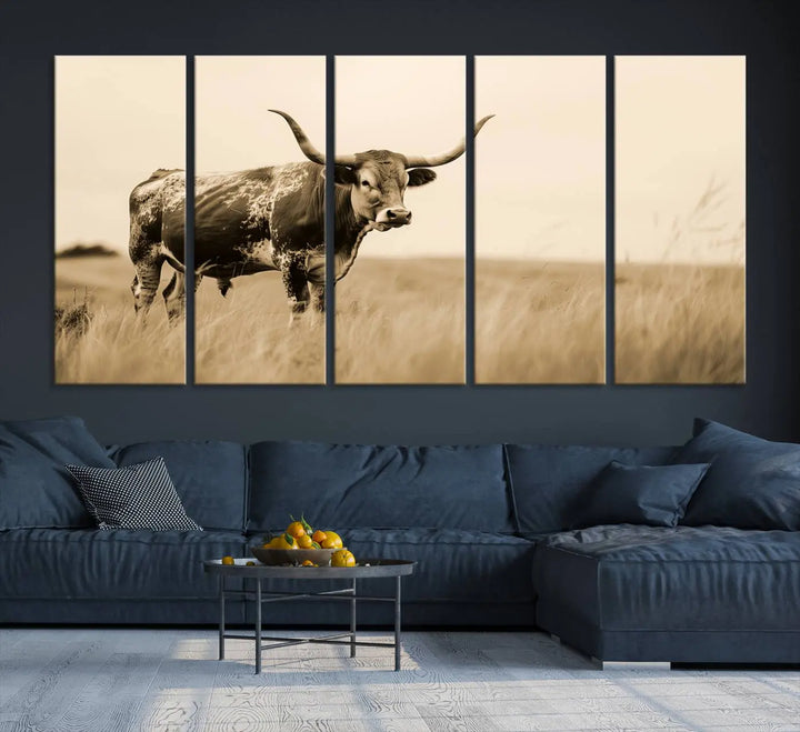 Sepia-toned triptych of an American bison in a field, crafted as a gallery-quality wall art print on canvas.