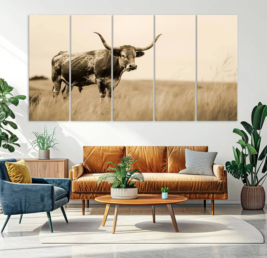 Sepia-toned triptych of an American bison in a field, crafted as a gallery-quality wall art print on canvas.