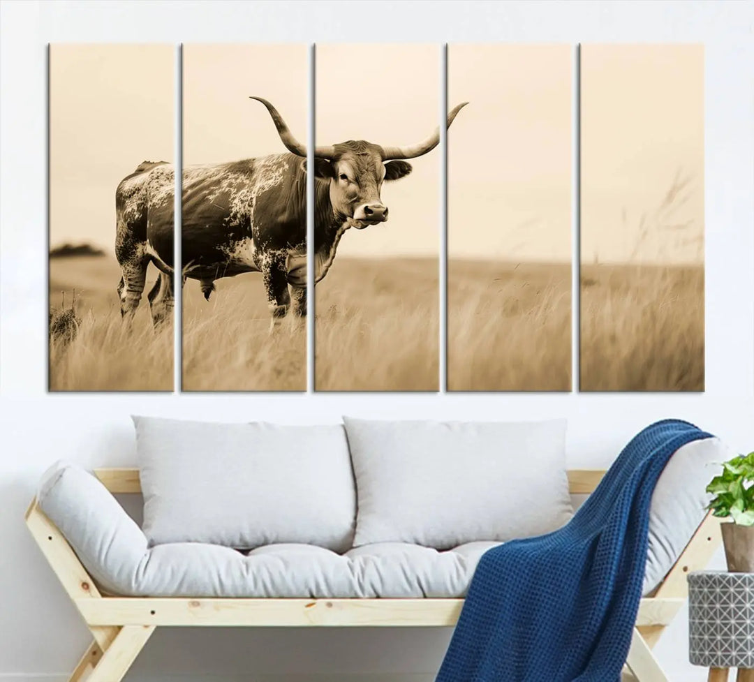 Sepia-toned triptych of an American bison in a field, crafted as a gallery-quality wall art print on canvas.