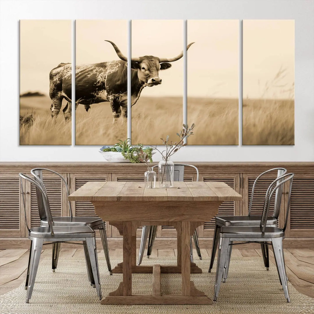 Sepia-toned triptych of an American bison in a field, crafted as a gallery-quality wall art print on canvas.