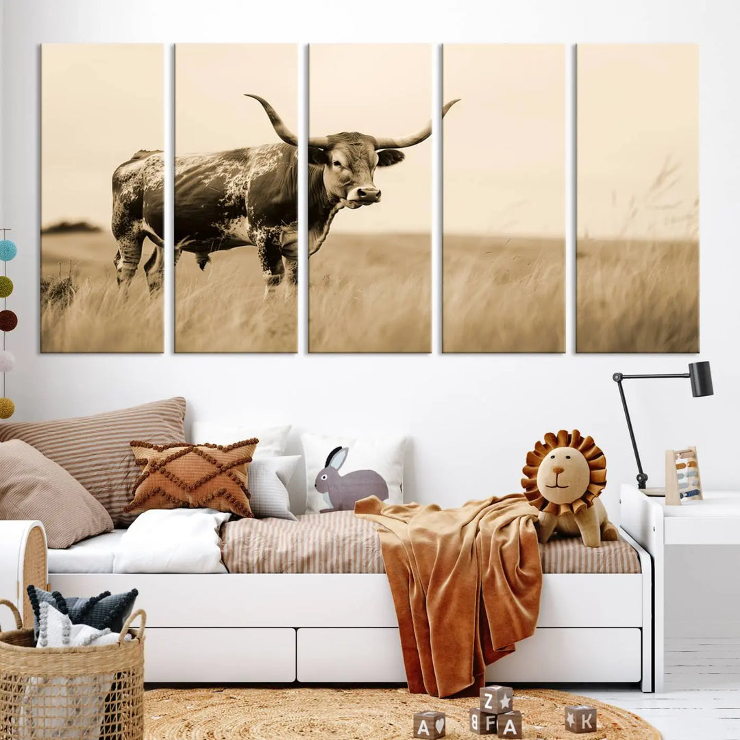 Sepia-toned triptych of an American bison in a field, crafted as a gallery-quality wall art print on canvas.