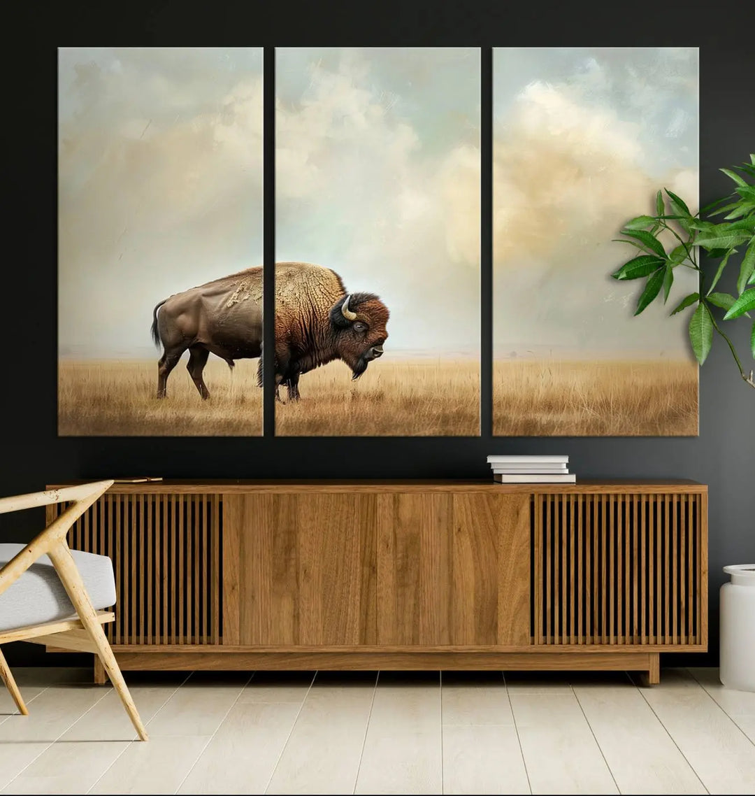 A Sepia American Bison Wall Art Print for Farmhouse Wall Decor adorns the wall, featuring a majestic bison on a grassy plain. Its Western Canvas Print finish adds sophistication to the space.