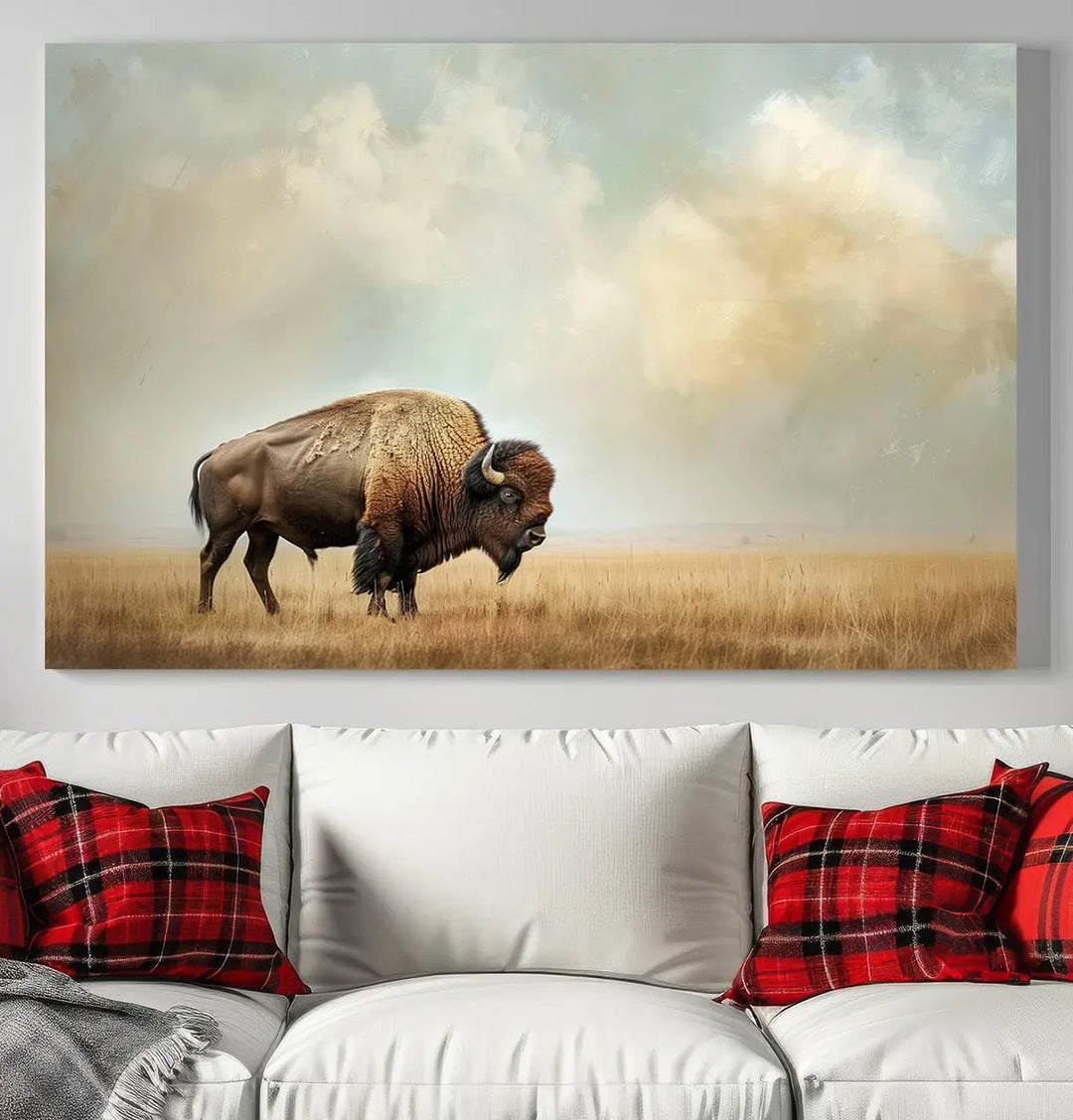 A Sepia American Bison Wall Art Print for Farmhouse Wall Decor adorns the wall, featuring a majestic bison on a grassy plain. Its Western Canvas Print finish adds sophistication to the space.