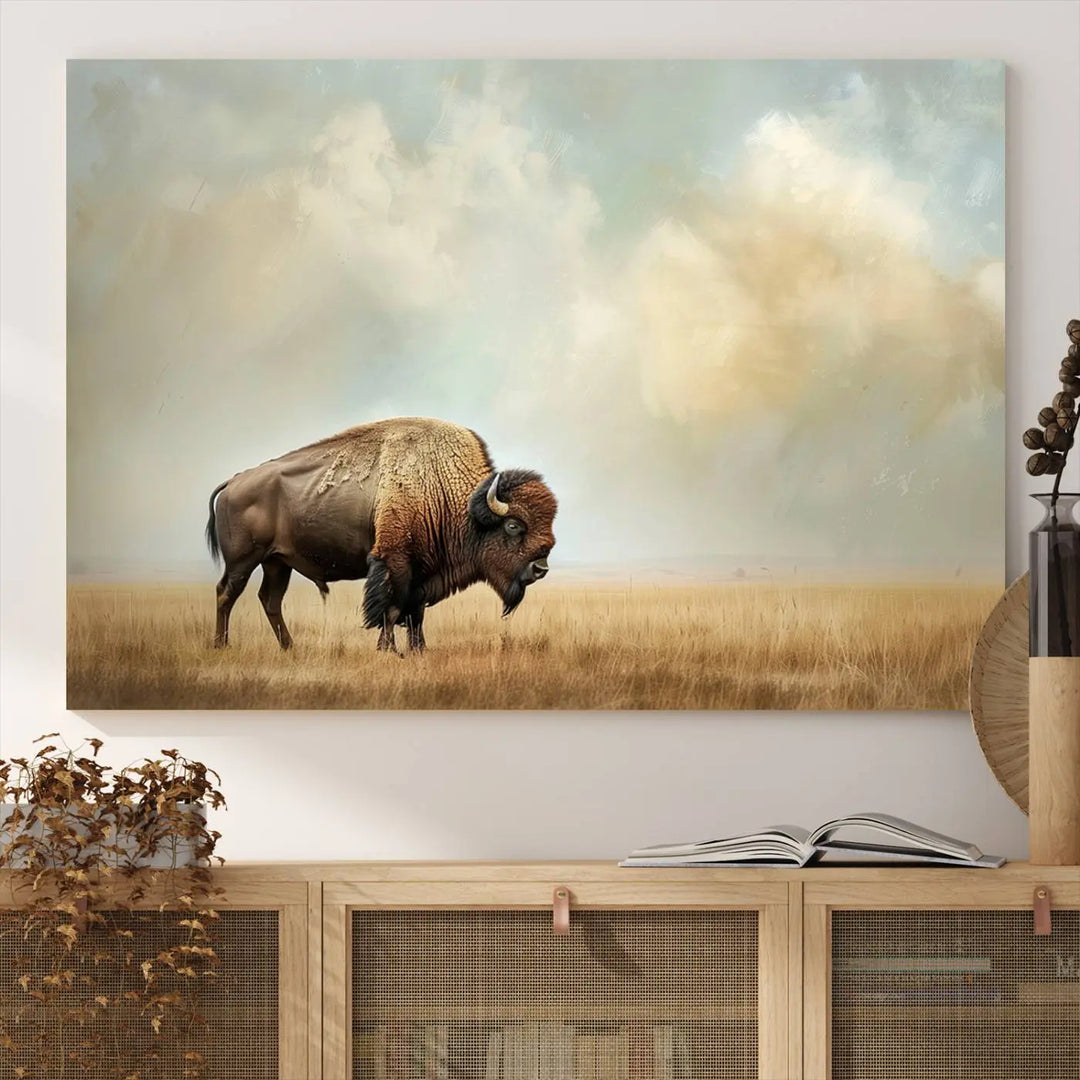 A Sepia American Bison Wall Art Print for Farmhouse Wall Decor adorns the wall, featuring a majestic bison on a grassy plain. Its Western Canvas Print finish adds sophistication to the space.