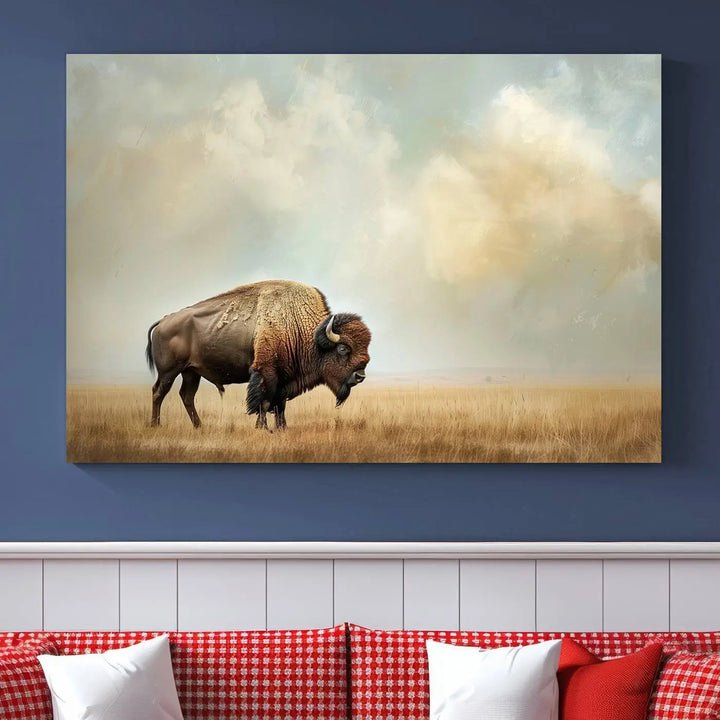 A Sepia American Bison Wall Art Print for Farmhouse Wall Decor adorns the wall, featuring a majestic bison on a grassy plain. Its Western Canvas Print finish adds sophistication to the space.