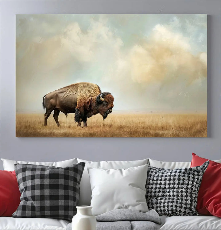 A Sepia American Bison Wall Art Print for Farmhouse Wall Decor adorns the wall, featuring a majestic bison on a grassy plain. Its Western Canvas Print finish adds sophistication to the space.