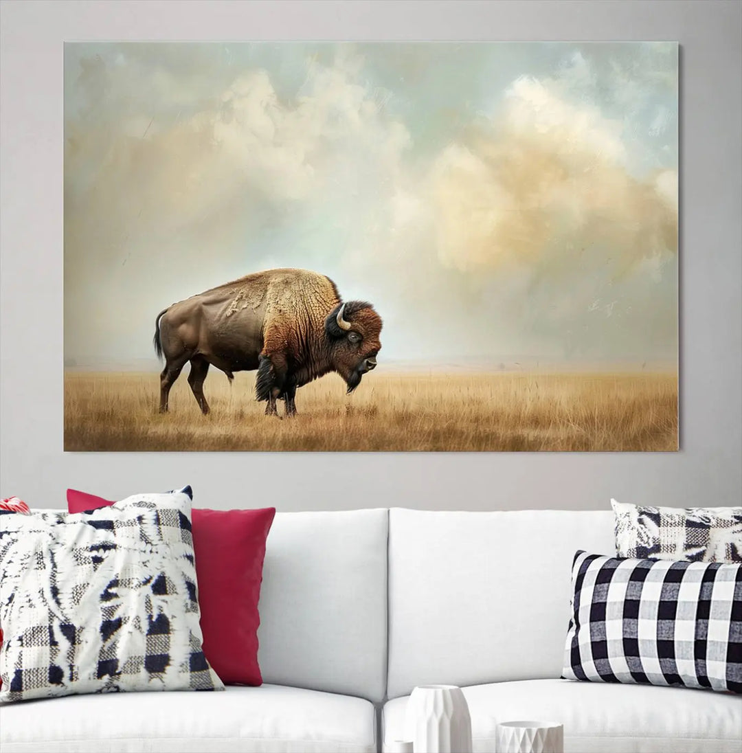 A Sepia American Bison Wall Art Print for Farmhouse Wall Decor adorns the wall, featuring a majestic bison on a grassy plain. Its Western Canvas Print finish adds sophistication to the space.