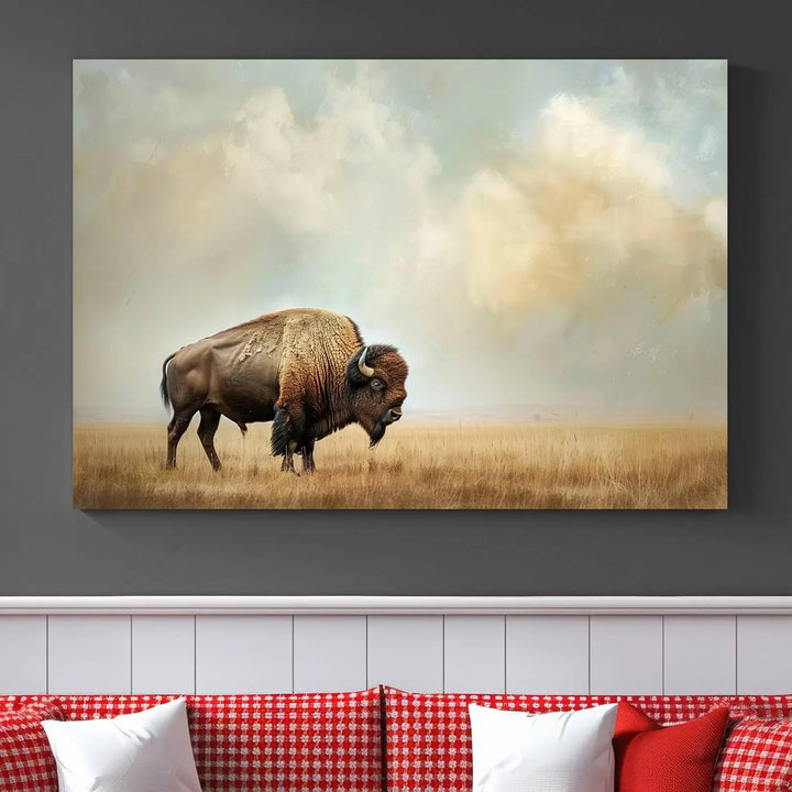 A Sepia American Bison Wall Art Print for Farmhouse Wall Decor adorns the wall, featuring a majestic bison on a grassy plain. Its Western Canvas Print finish adds sophistication to the space.