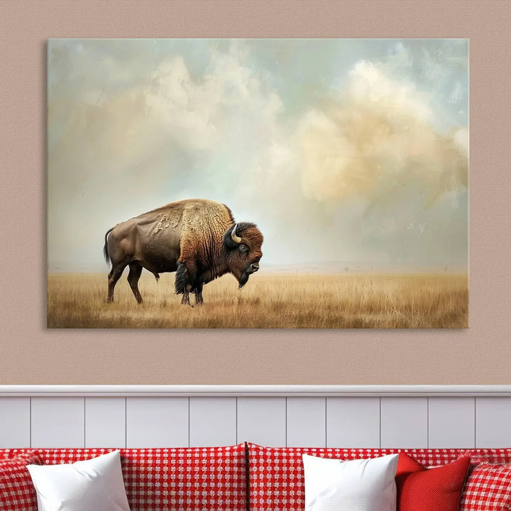 A Sepia American Bison Wall Art Print for Farmhouse Wall Decor adorns the wall, featuring a majestic bison on a grassy plain. Its Western Canvas Print finish adds sophistication to the space.