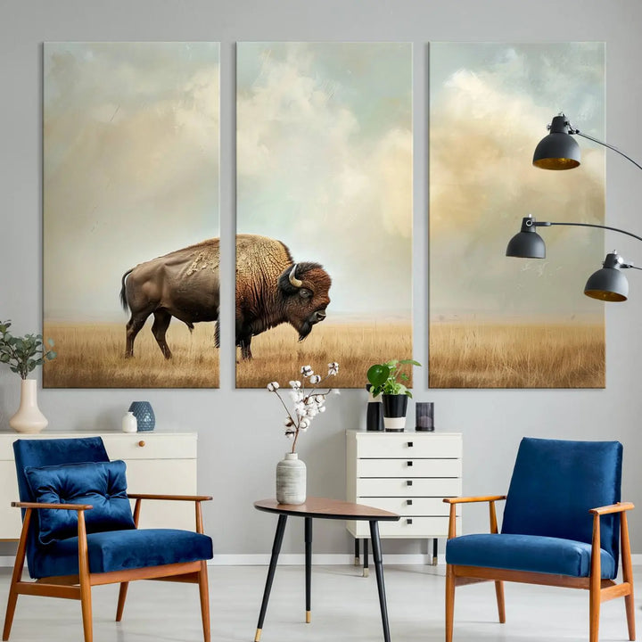 A Sepia American Bison Wall Art Print for Farmhouse Wall Decor adorns the wall, featuring a majestic bison on a grassy plain. Its Western Canvas Print finish adds sophistication to the space.