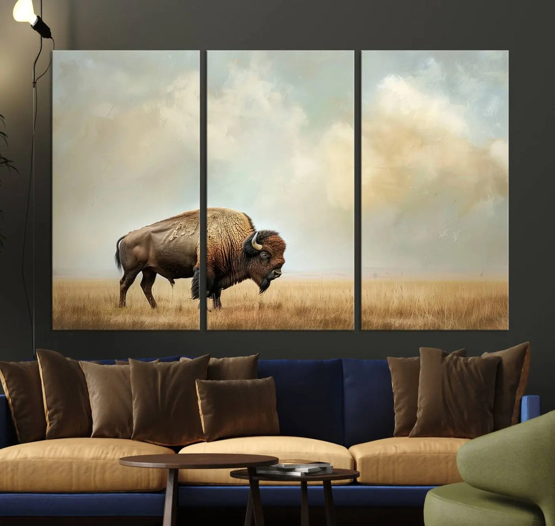 A Sepia American Bison Wall Art Print for Farmhouse Wall Decor adorns the wall, featuring a majestic bison on a grassy plain. Its Western Canvas Print finish adds sophistication to the space.