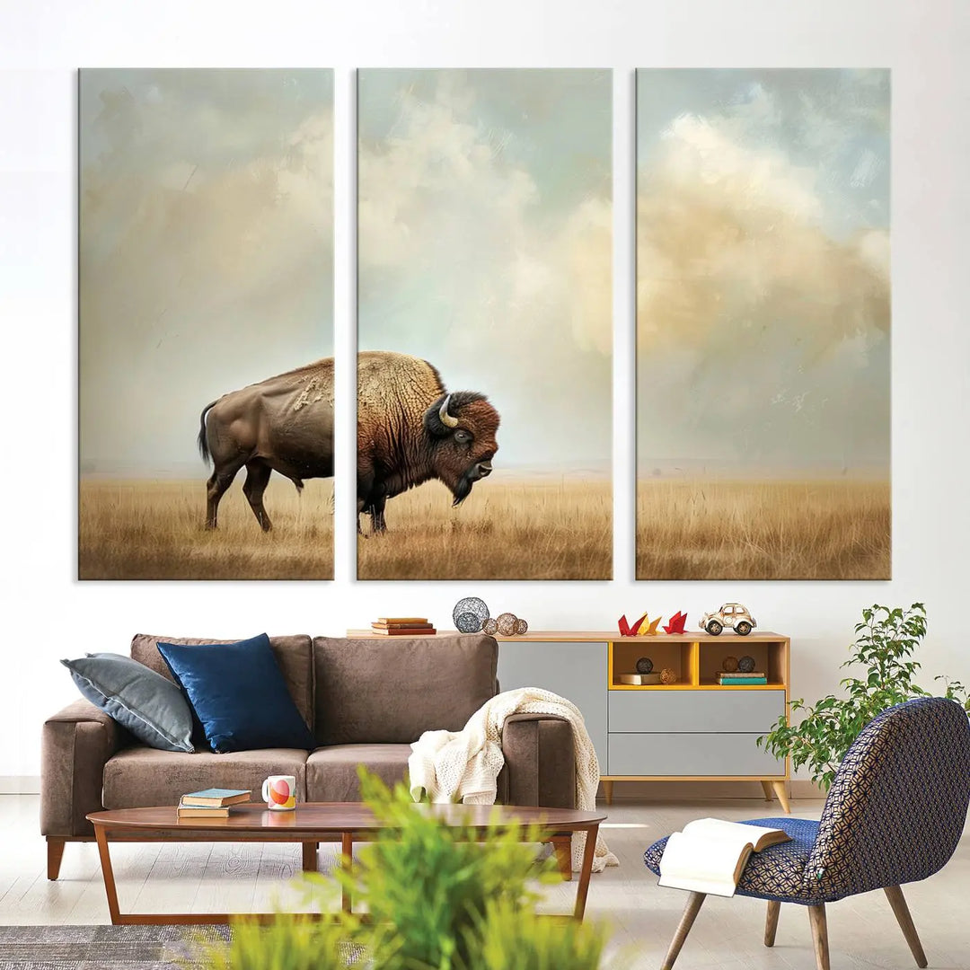 A Sepia American Bison Wall Art Print for Farmhouse Wall Decor adorns the wall, featuring a majestic bison on a grassy plain. Its Western Canvas Print finish adds sophistication to the space.