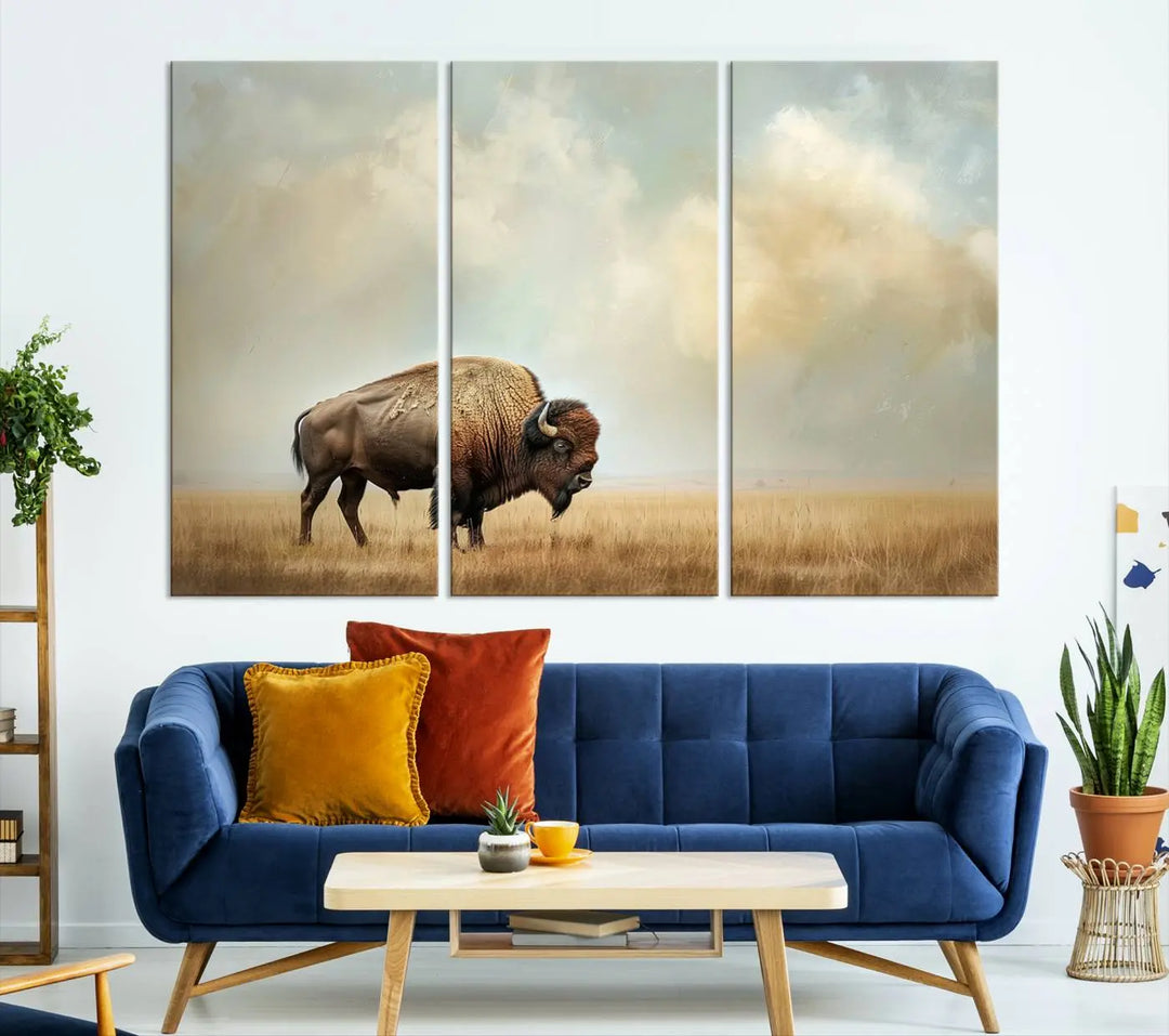 A Sepia American Bison Wall Art Print for Farmhouse Wall Decor adorns the wall, featuring a majestic bison on a grassy plain. Its Western Canvas Print finish adds sophistication to the space.