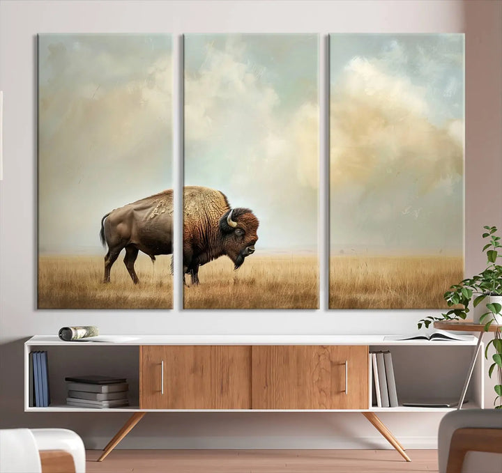 A Sepia American Bison Wall Art Print for Farmhouse Wall Decor adorns the wall, featuring a majestic bison on a grassy plain. Its Western Canvas Print finish adds sophistication to the space.